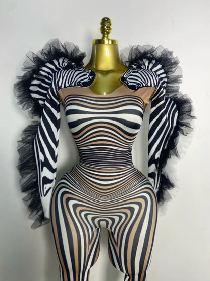 Women Long Sleeve Zebra Stripes Bodycon Jumpsuit Two Piece Set Birthday Party Nightclub Stage Performance Halloween Rompers