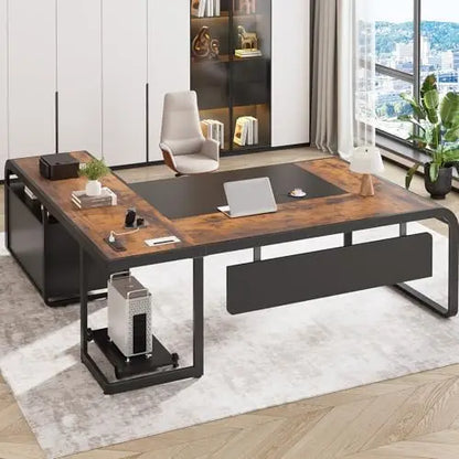 61" Executive L Shaped Desk with Drawer for Home Office,Rustic Brown | Executive Desk with Storage Shelves,Office Desk