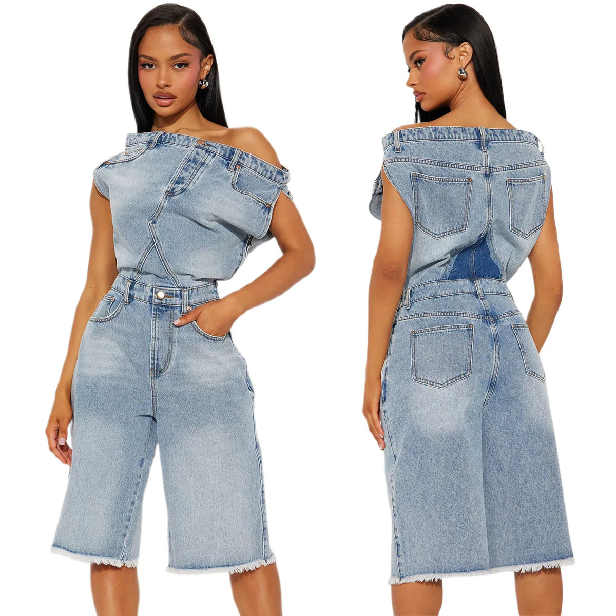 Jumpsuits Women Denim One Piece Short Sleeve Overalls Knee Length Pants Tight Waist Rompers Y2k Streetwear Slash Neck 2026