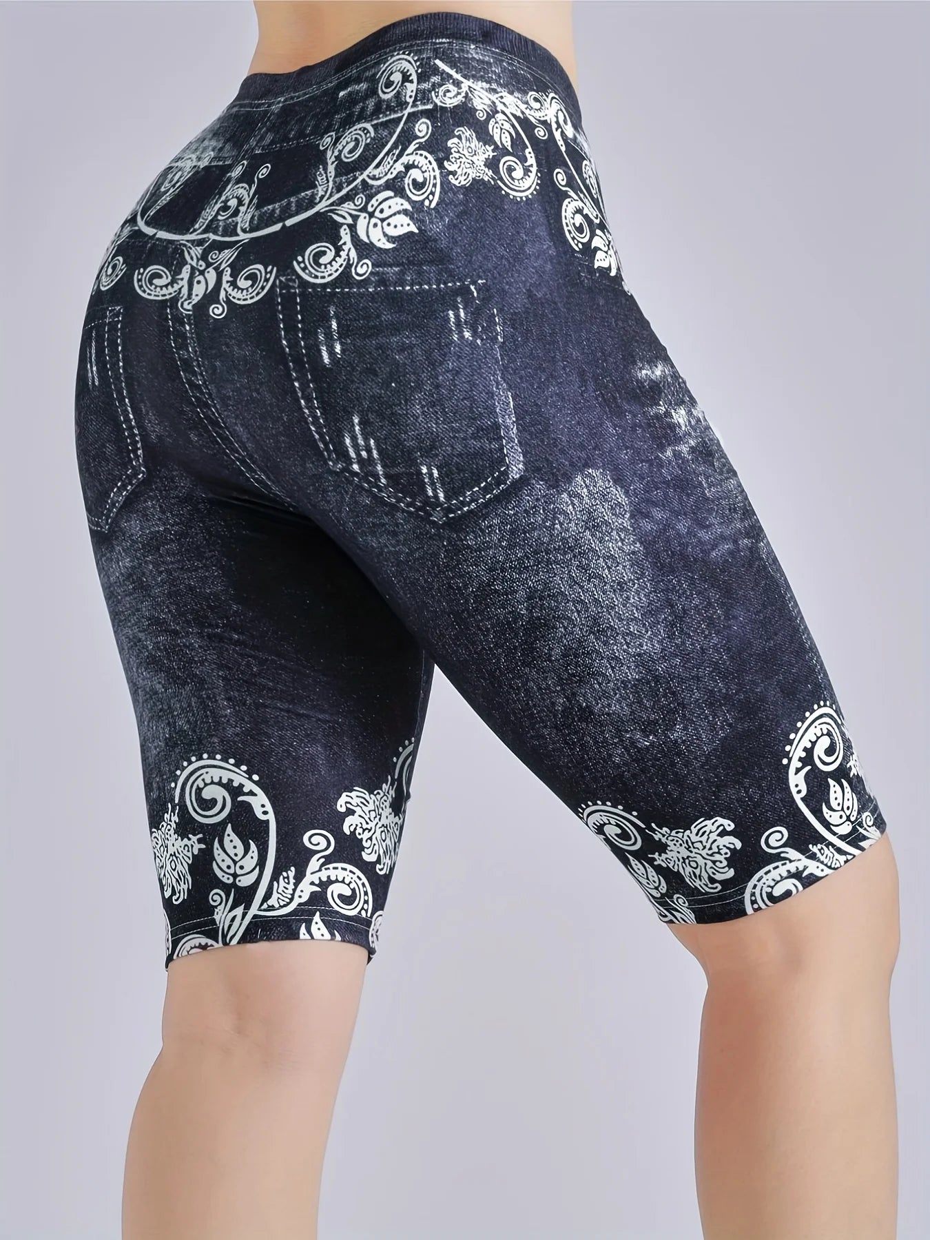 Lmitation Denim Leggings For Women Butterfly Waist Fruit Flower Elastic Shorts High Waist Casual