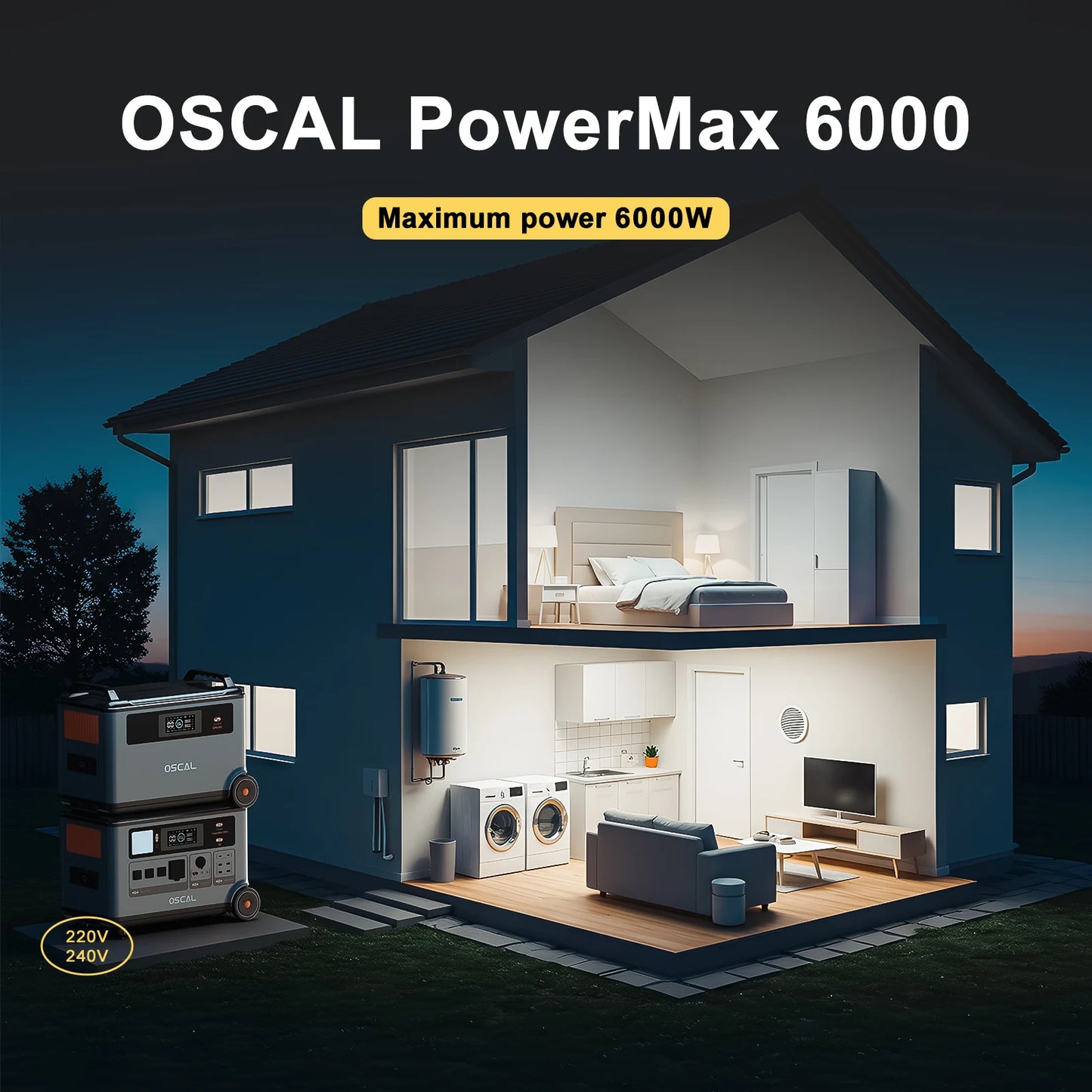 OSCAL PowerMax6000 Solar Generator (Compatible with Battery Packs/Solar Panels) 120V/240V Portable Power Station 6000W AC Output (9000W Peak), 2200W AC Charging, 2400W Solar Charging, App Control, Ideal for Home Emergencies a