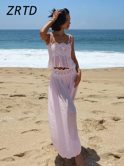 Beach Lace Hollow Out Women's Summer Pants Sets Lace Up Backless Spaghetti Strap Crop Top Loose Pleated Lantern Pant 2026 Suit