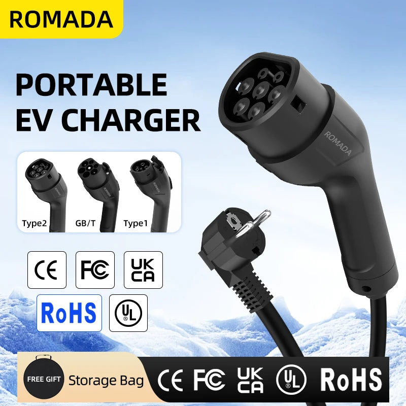 Portable 3.5KW 16A EV Charger with 3M-20M Cable Type2 IEC62196 EU Plug Wallbox Adapter Plug And Charge for Electric Vehicles