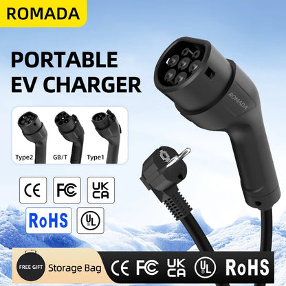 Portable 3.5KW 16A EV Charger with 3M-20M Cable Type2 IEC62196 EU Plug Wallbox Adapter Plug And Charge for Electric Vehicles