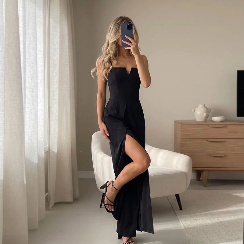 Commute Sling Jumpsuits Women Square Neck High Waist Split Solid Jumpsuit Female 2026 Summer New Fashion Soft Streetwears Lady