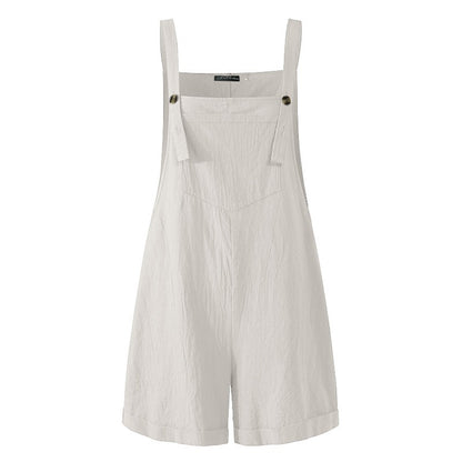 New Women Cotton and Hemp Loose Button Casual Backband Pants  Square Neck Sleeveless Shorts jumpsuit White/Black/Military Green