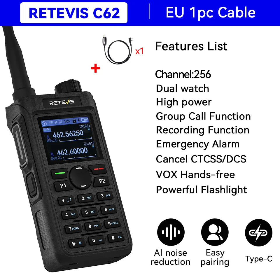 Retevis C62/C2/C22 Walkie Talkie Long Range Communication Radio VHF UHF Ham Radio Station Noise Reduction Group Call Camping