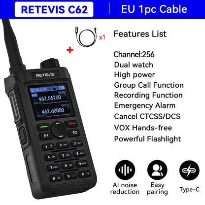 Retevis C62/C2/C22 Walkie Talkie Long Range Communication Radio VHF UHF Ham Radio Station Noise Reduction Group Call Camping