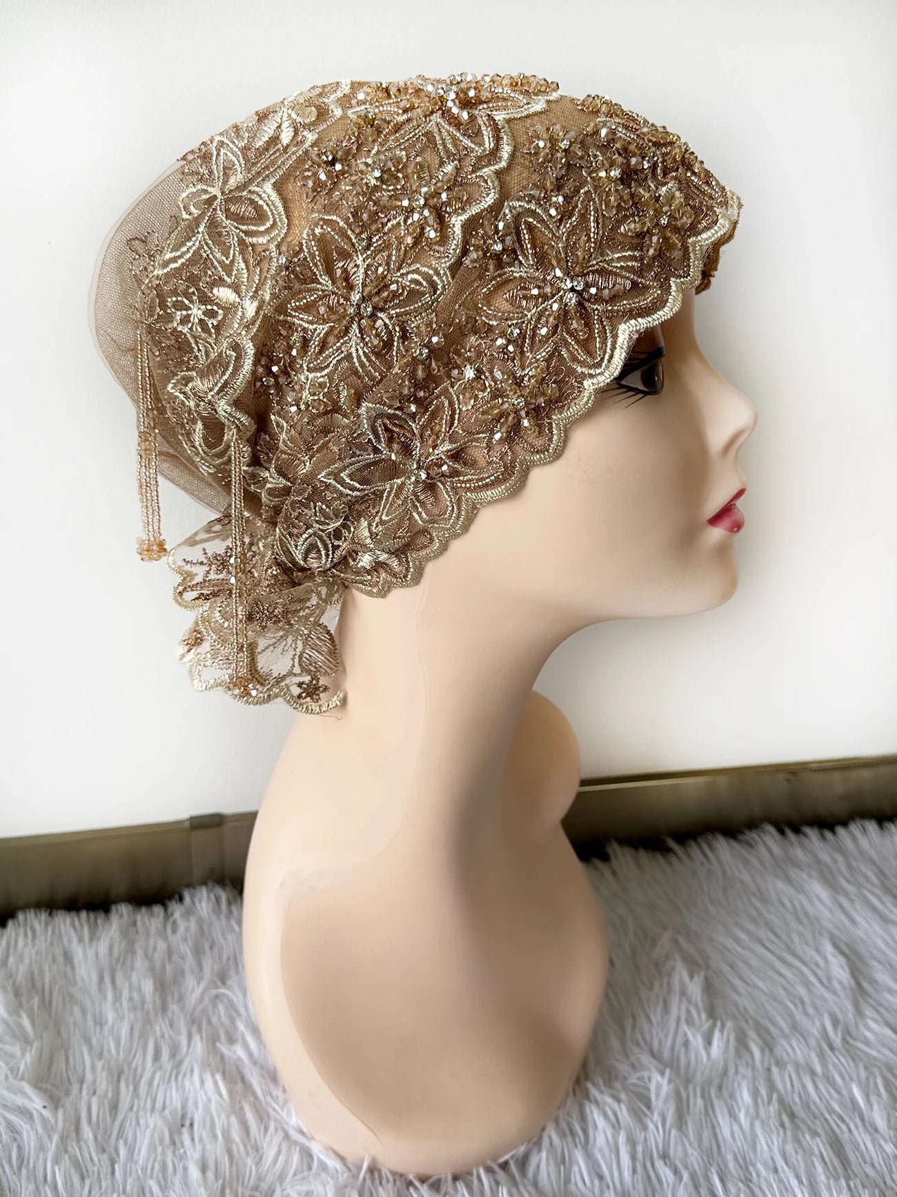 High Quality Lace handcrafted Beaded Turban Hat Female Head Wraps Caps Muslim Women Headscarf Bonnet Ready to Wear Inner Hijabs