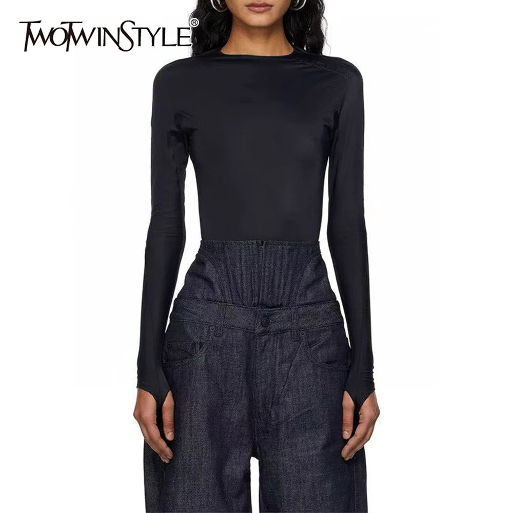 TWOTWINSTYLE Solid Spliced Folds Chic Jumpsuit Female O Neck Long Sleeve Loose Basics Casual Women's Jumpsuits Summer Fashion