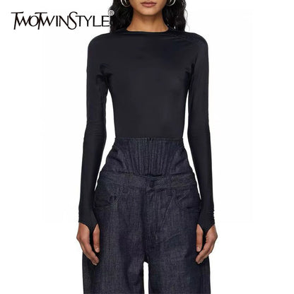 TWOTWINSTYLE Solid Spliced Folds Chic Jumpsuit Female O Neck Long Sleeve Loose Basics Casual Women's Jumpsuits Summer Fashion