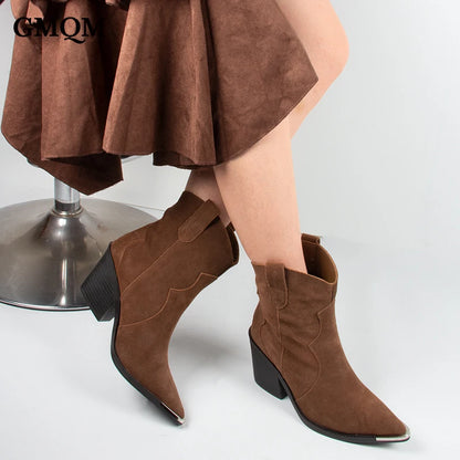 GMQM 2025 Women's Comfort Ankle Booties Brown Cowboy Western Boots Metal Heels Block Wide Calf Pointed Toe Slip On Casual Shoes