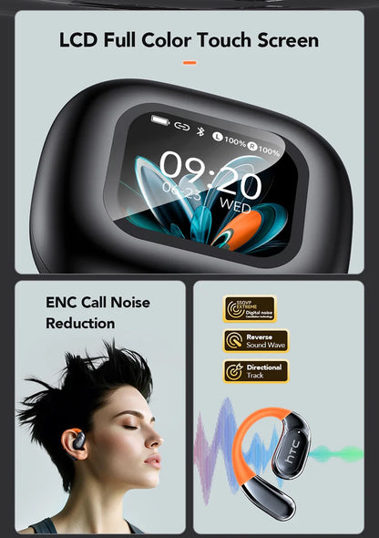 Bluetooth Wireless Headset HTC NE27 AI Real-Time Language Translator Earbuds Ear Hook Touch LCD Display ENC 2026 Choice