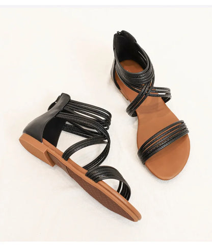 High quality leather flat sandals for women stripe zipper new summer 2026 36 42 open toe casual beach shoe black khaki brown