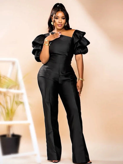 Satin Jumpsuit Woman High Quality Slash Neck Puff Sleeves Party Jumpsuits Woman Elegant Luxury Curvy Evening Jumpsuit Dress