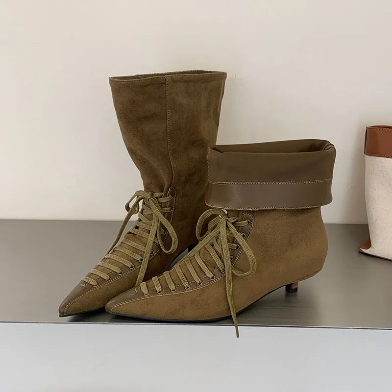 New Fashion Cross-tied Pointed Toe Women Ankle Boots Autumn Winter Thin Low Heels Party Dress Ladies Short Booties Shoes