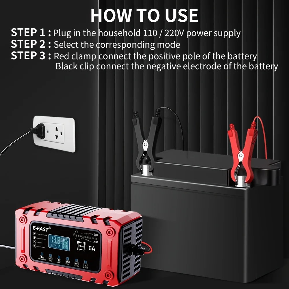 Smart 12V 6A Battery Charger For AGM LiFePO4 Cars Motorcycles Lawn Mowers