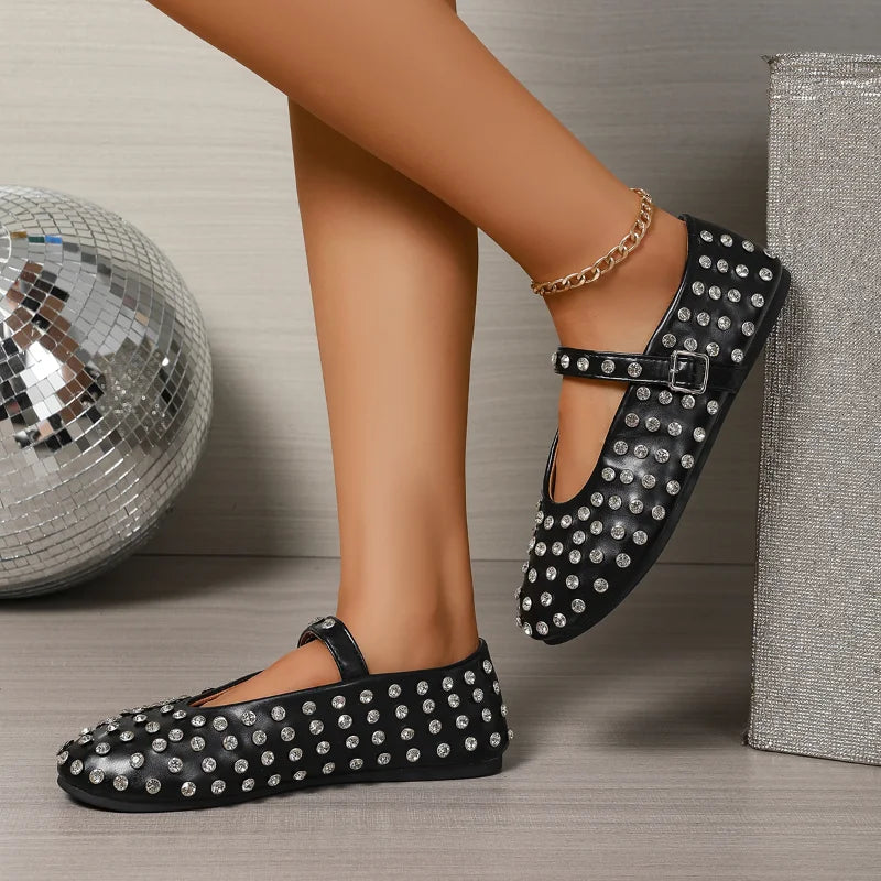 Women's Flat Dress Shoes Bottom Mary Jane Water Diamond Casual Dancing Shoes Genuine Leather Single Shoes Luxury Ballet Flats