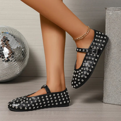 Women's Flat Dress Shoes Bottom Mary Jane Water Diamond Casual Dancing Shoes Genuine Leather Single Shoes Luxury Ballet Flats