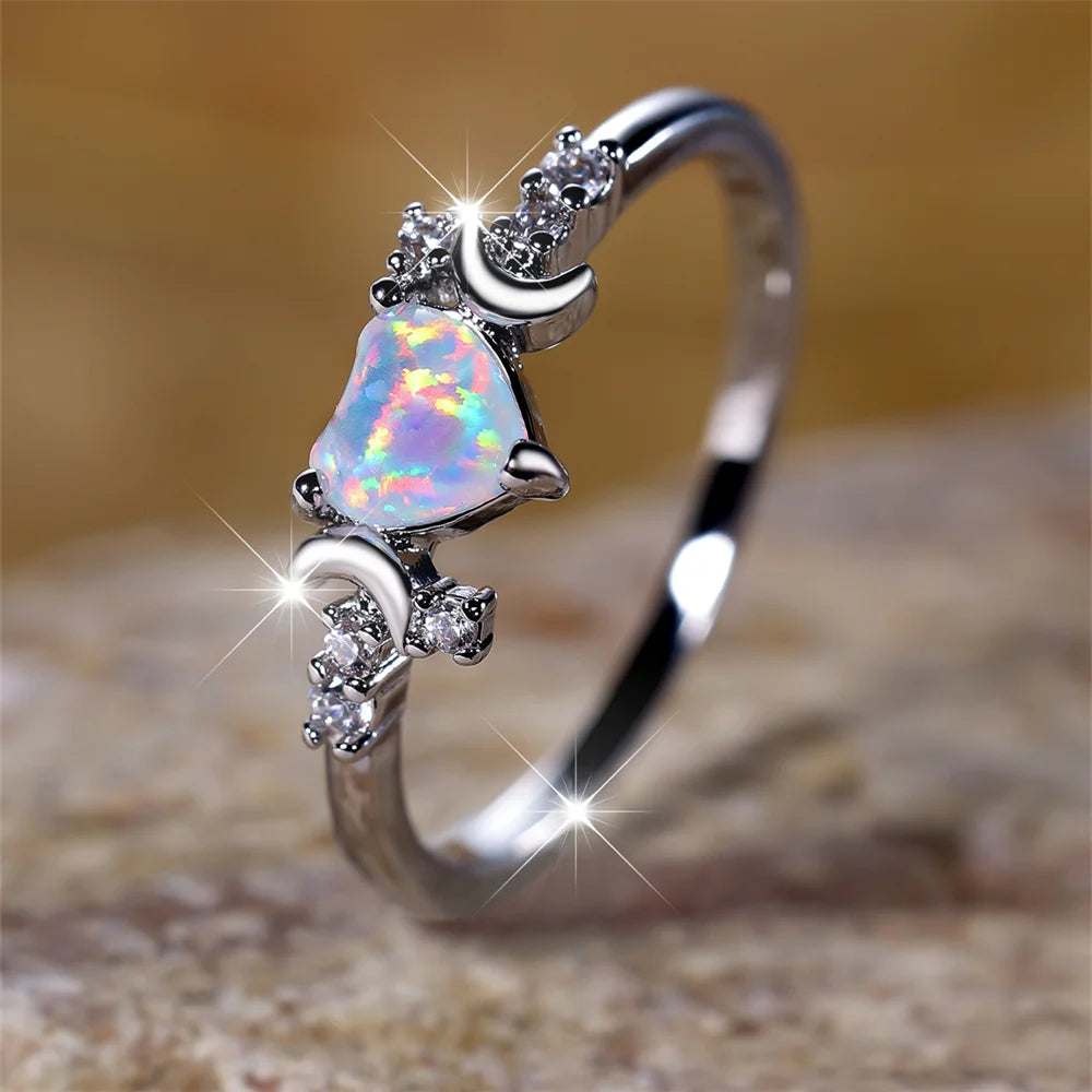 White Fire Opal Love Heart Stone Rings For Women Rose Gold Silver Color Wedding Band Bridal Engagement Jewelry Mother's Day Gift