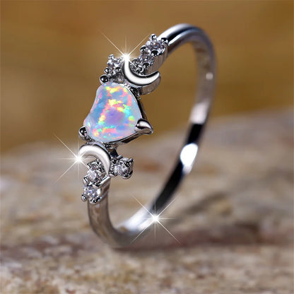 White Fire Opal Love Heart Stone Rings For Women Rose Gold Silver Color Wedding Band Bridal Engagement Jewelry Mother's Day Gift