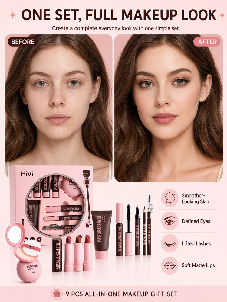 9PCS Makeup Gift Set for Women, All-in-One Lipstick Mascara Eyeliner BB Cream Powder Compact, Travel Beauty Kit for Beginners