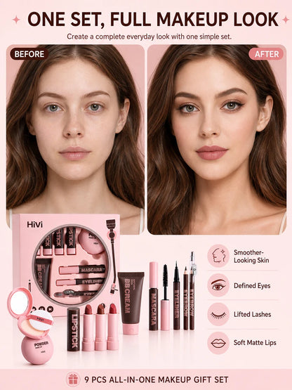 9PCS Makeup Gift Set for Women, All-in-One Lipstick Mascara Eyeliner BB Cream Powder Compact, Travel Beauty Kit for Beginners