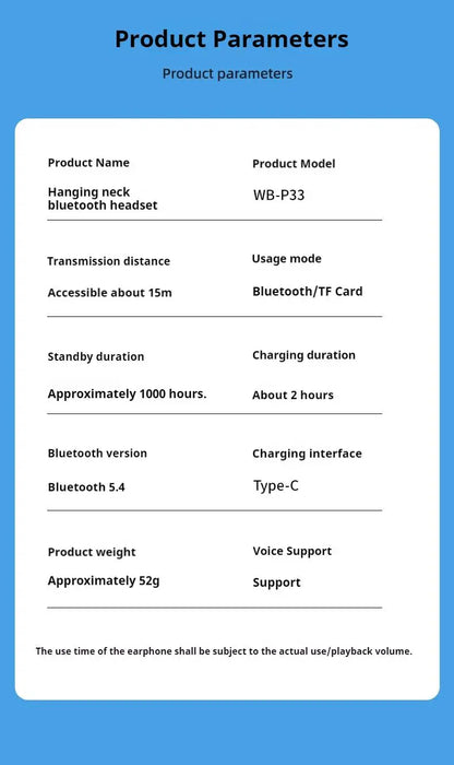 Long Battery Life HiFi Sound Bluetooth 5.4 Earphones with HD Mic Earbuds Wireless Headphones Sports Gaming Neck-hanging Headsets