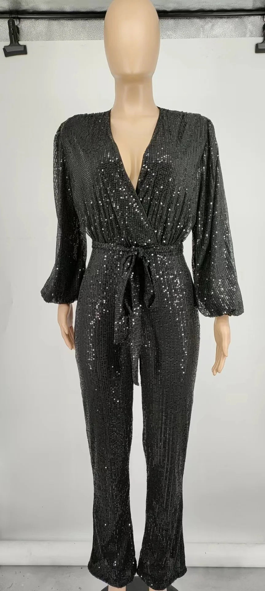 2026 Women's Elegant Sequined Jumpsuit Spring Summer Ladies Bling Bling V-neck High Waist Rompers Overalls with Lantern Sleeve