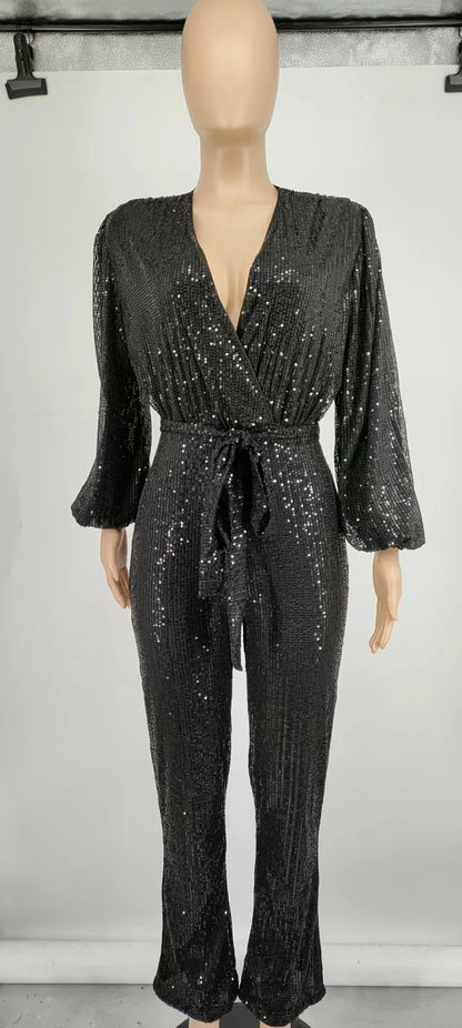 2026 Women's Elegant Sequined Jumpsuit Spring Summer Ladies Bling Bling V-neck High Waist Rompers Overalls with Lantern Sleeve