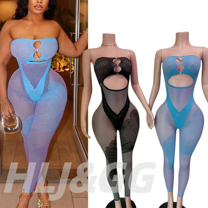 HLJ&GG Sexy Off Shoulder Hollow Out Bodycon One Piece Jumpsuits Women Sleeveless Backless Slim Playsuit Fashion Stretchy Overall