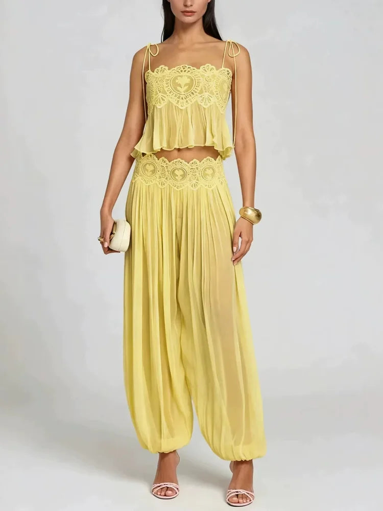 Beach Lace Hollow Out Women's Summer Pants Sets Lace Up Backless Spaghetti Strap Crop Top Loose Pleated Lantern Pant 2026 Suit