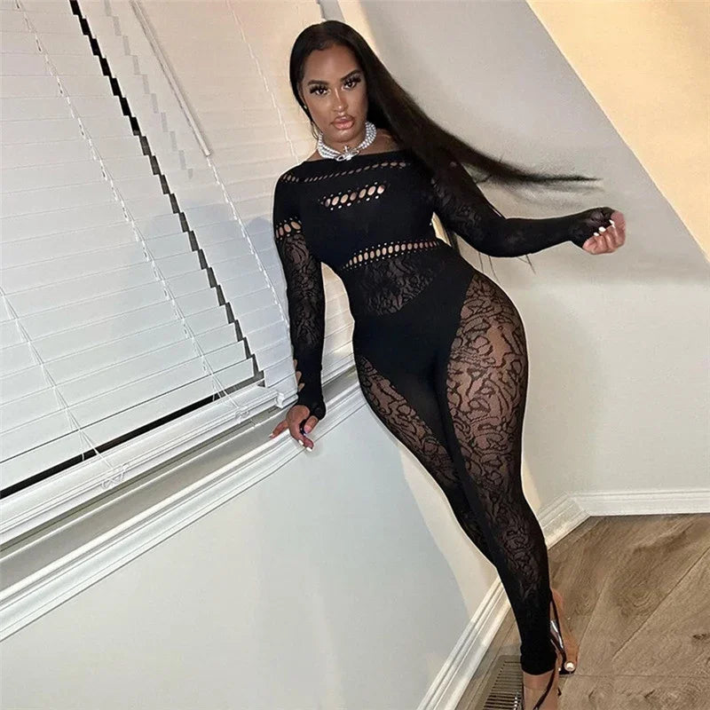Black Night Party Lace Jumpsuits Woman Long Sleeve Skew Collar Hollow Out Patchwork Skinny One Pieces Rompers Womens Jumpsuit