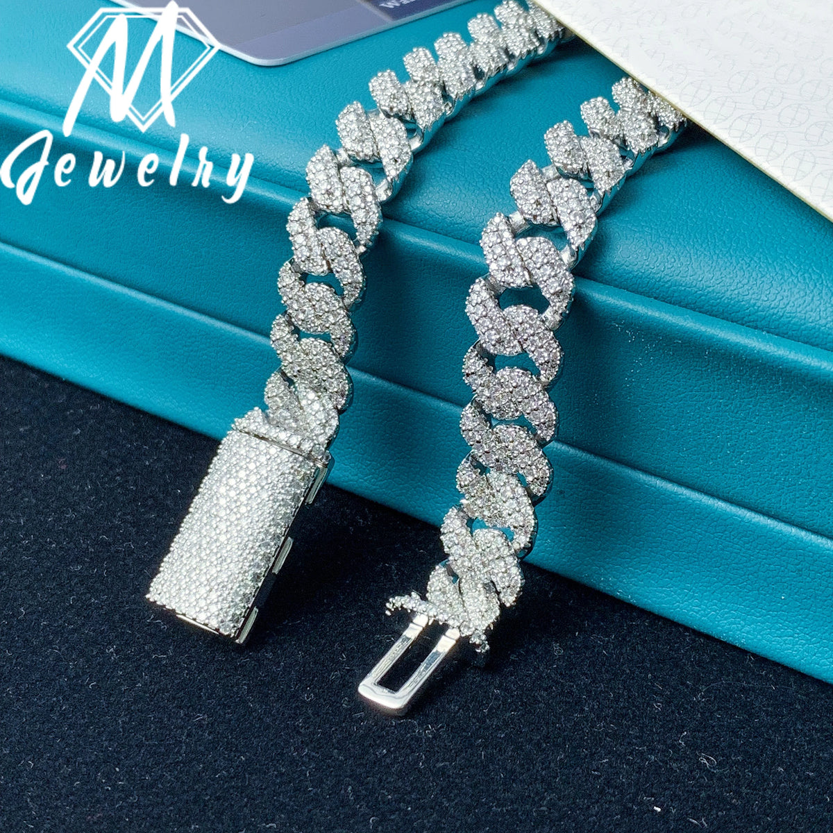 Wholesale 10mm Copper Moissanite Cuban Link Chain Iced Out Full Paved VVS Moissanite Necklace Box Clasp with Safety Latch Unisex