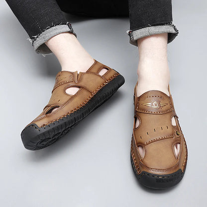 Mens Walking Shoes Summer Breathable Leather Hand Sewn Minimalist Baotou Flat Shoes Soft Elastic Daily Casual Male Sandalia