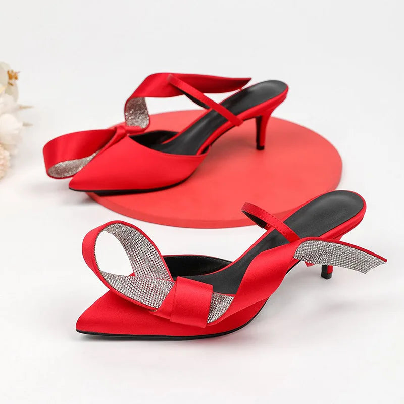 Pink Rhinestone Sandals Woman Pointed Toe Luxury Satin Butterfly Knot High Heel Party Shoes Lady Sexy Mules Slippers