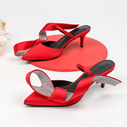Pink Rhinestone Sandals Woman Pointed Toe Luxury Satin Butterfly Knot High Heel Party Shoes Lady Sexy Mules Slippers