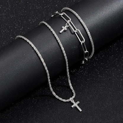 Sparkling 925 Sterling Silver Gypsophila Necklace Bracelet Set For Women Luxury Zircon Cross Pendant Three Piece Jewelry Set