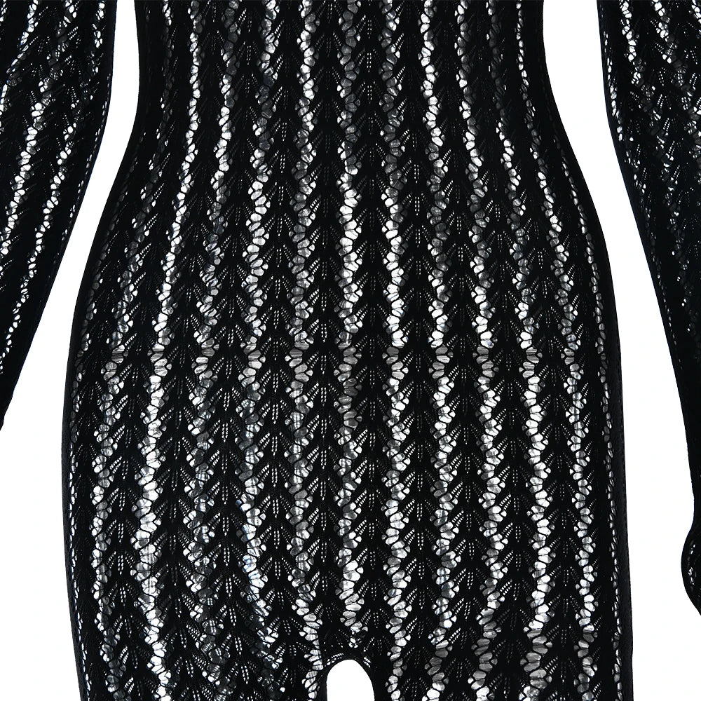 Sibybo Sheer Hollow Out Jumpsuits Women Summer Round Neck Long Sleeve High Stretch One Piece Jumpsuit Rompers Thin Sexy Overalls