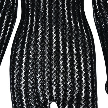 Sibybo Sheer Hollow Out Jumpsuits Women Summer Round Neck Long Sleeve High Stretch One Piece Jumpsuit Rompers Thin Sexy Overalls