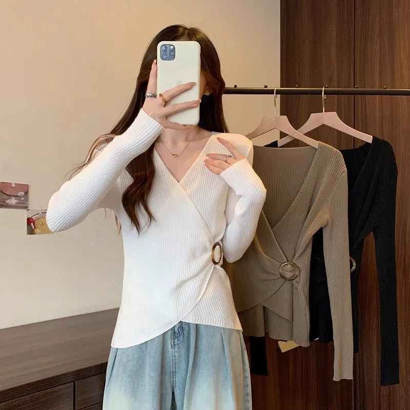 Women Wrap V Neck Ribbed Knit Top Metal Ring Buckle Flare Long Sleeve Slim Sweater