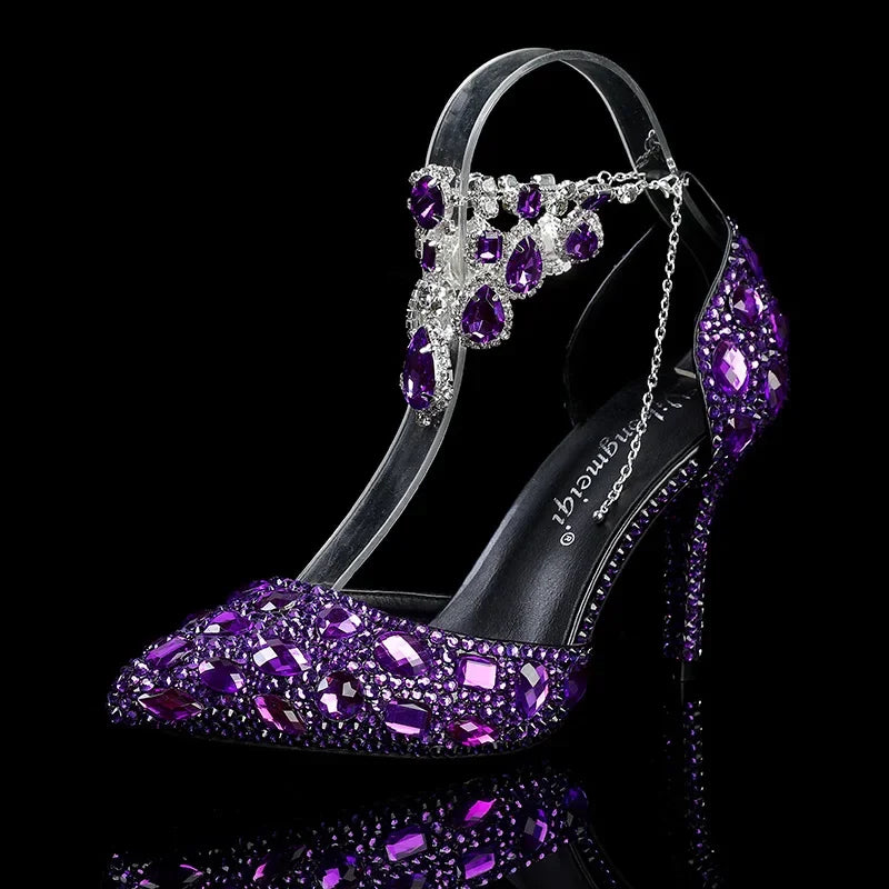 2024 Autumn Slim Heels Shallow Mouth Luxury Blue Water Diamond Pearl Women Single Shoes 9CM Wedding Party Shoes Sandalias Mujer