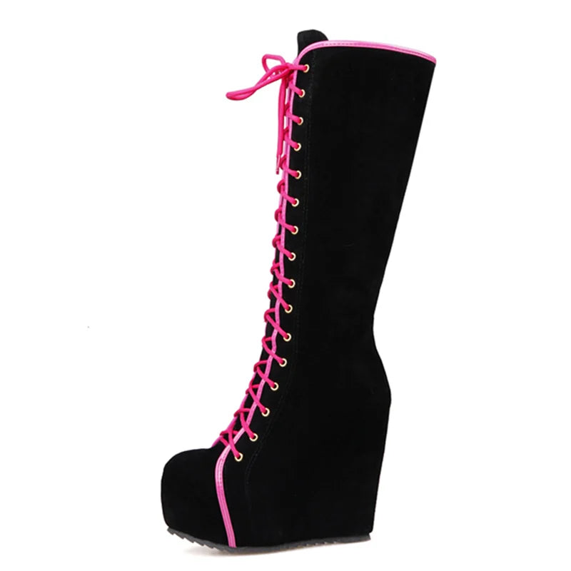 Fashion Knee High Boots Women Platform Sexy Wedge Heels Women's High Boots Lace-up Round Toe Black Dance Shoes For Girls