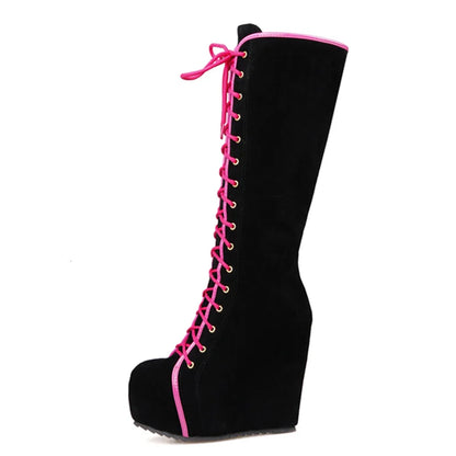 Fashion Knee High Boots Women Platform Sexy Wedge Heels Women's High Boots Lace-up Round Toe Black Dance Shoes For Girls