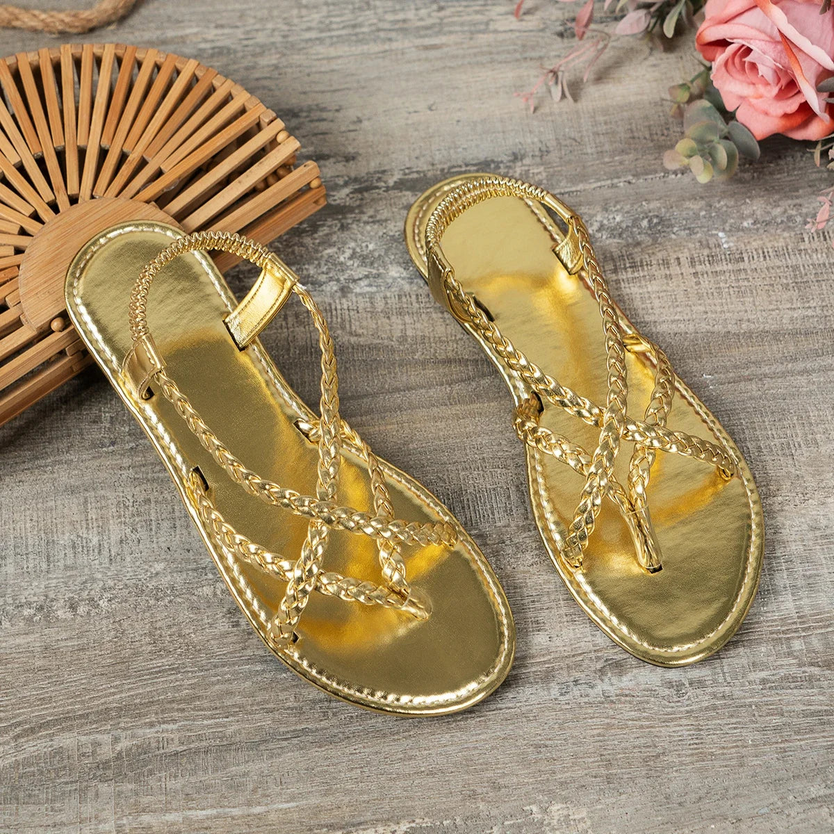 Women Beach Woven Hollow Sandals Women Flats Casual Clip Toe Sandals Summer 2026 New Fashion Walking Zapatos Dress Femme Slides