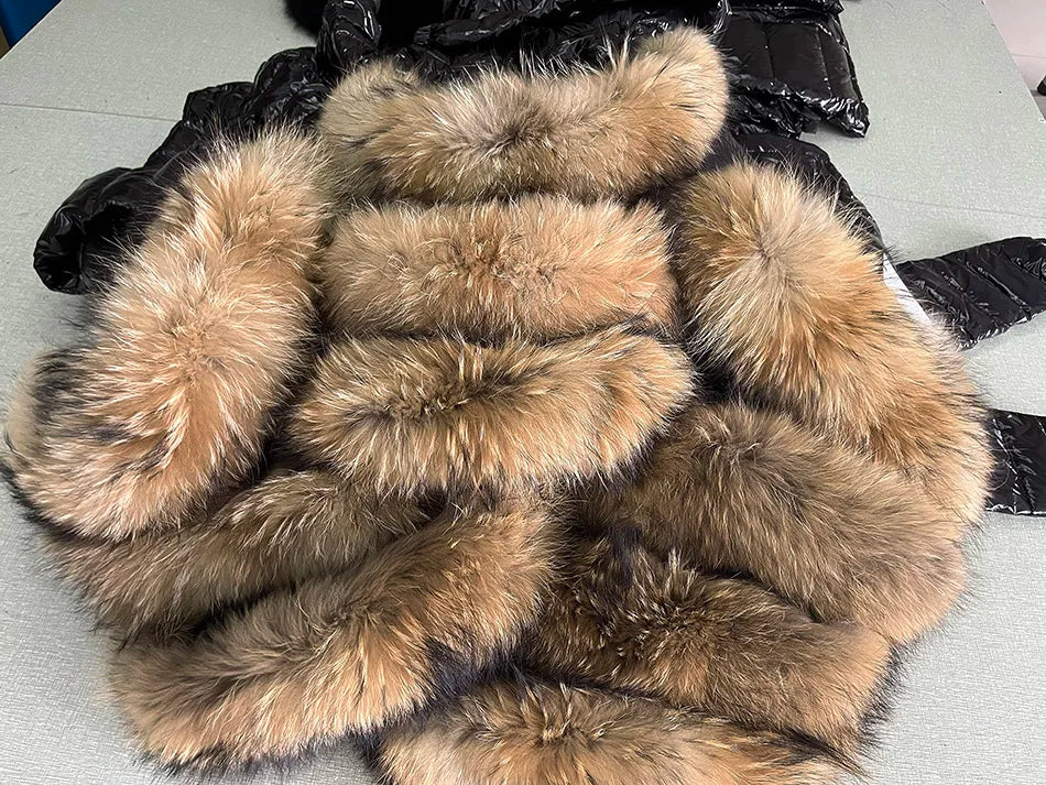Maomaokong Winter Jacket Women Real Fur Coat Parkas Duck Down Lining Coat Real Raccoon Fur Collar Warm Black Streetwear