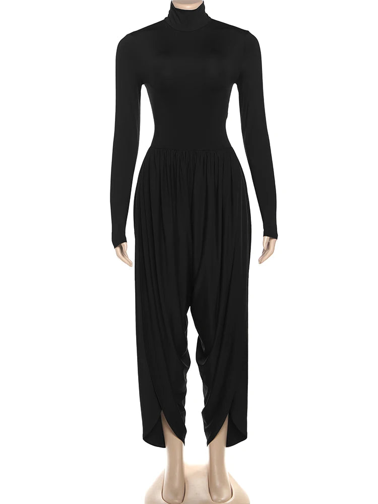 Whatiwear Casual Fashion Jumpsuits Woman Autumn Trend Turtleneck Full Sleeve Ruched Design Daily Simple Office Style Overalls