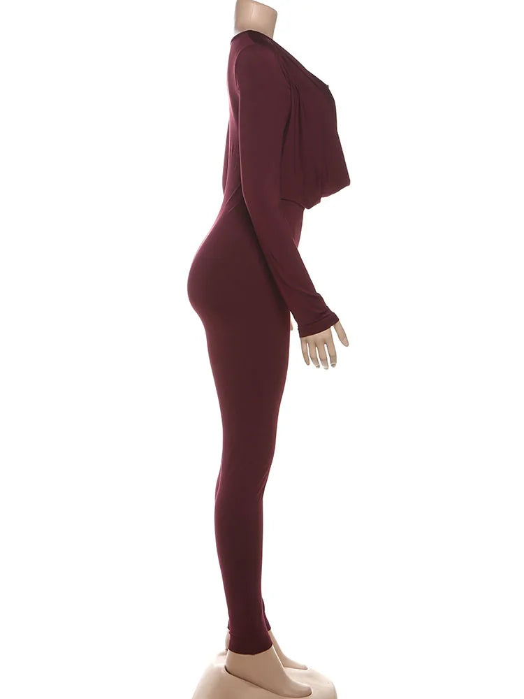 Sisterlinda Swinging Neck Slim Jumpsuits Sexy Hot Solid Cleavage Full Sleeve Elastic Overalls+Inside Chest Tanks Mujer Clubwear