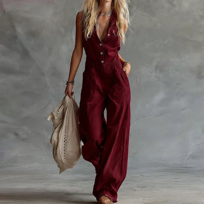 New White Patchwork Sleeveless Casual Jumpsuits Women Summer Buttons V Neck Fashion Playsuits 2026 Elegant Chic Ladies Bodysuits