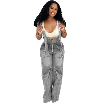 Jumpsuit Women Suspenders Overalls Zipper Denim One Piece Mom Jeans Wide Leg Long Pants High Waist Rompers Y2k Streetwear Summer